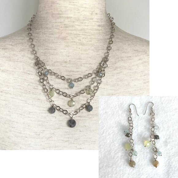 Sterling Silver 925 Multi Gemstone Multi Chain Necklace & Earrings Set 17" - Picture 1 of 16